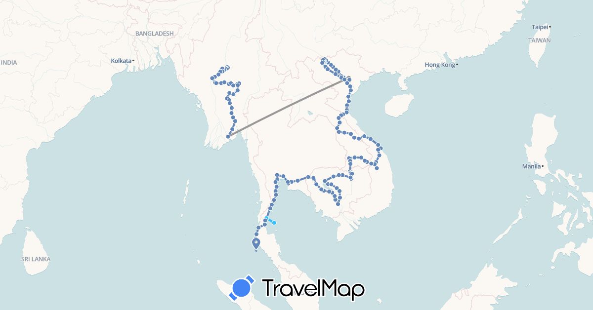 TravelMap itinerary: driving, plane, cycling, boat in Cambodia, Laos, Myanmar (Burma), Thailand, Vietnam (Asia)